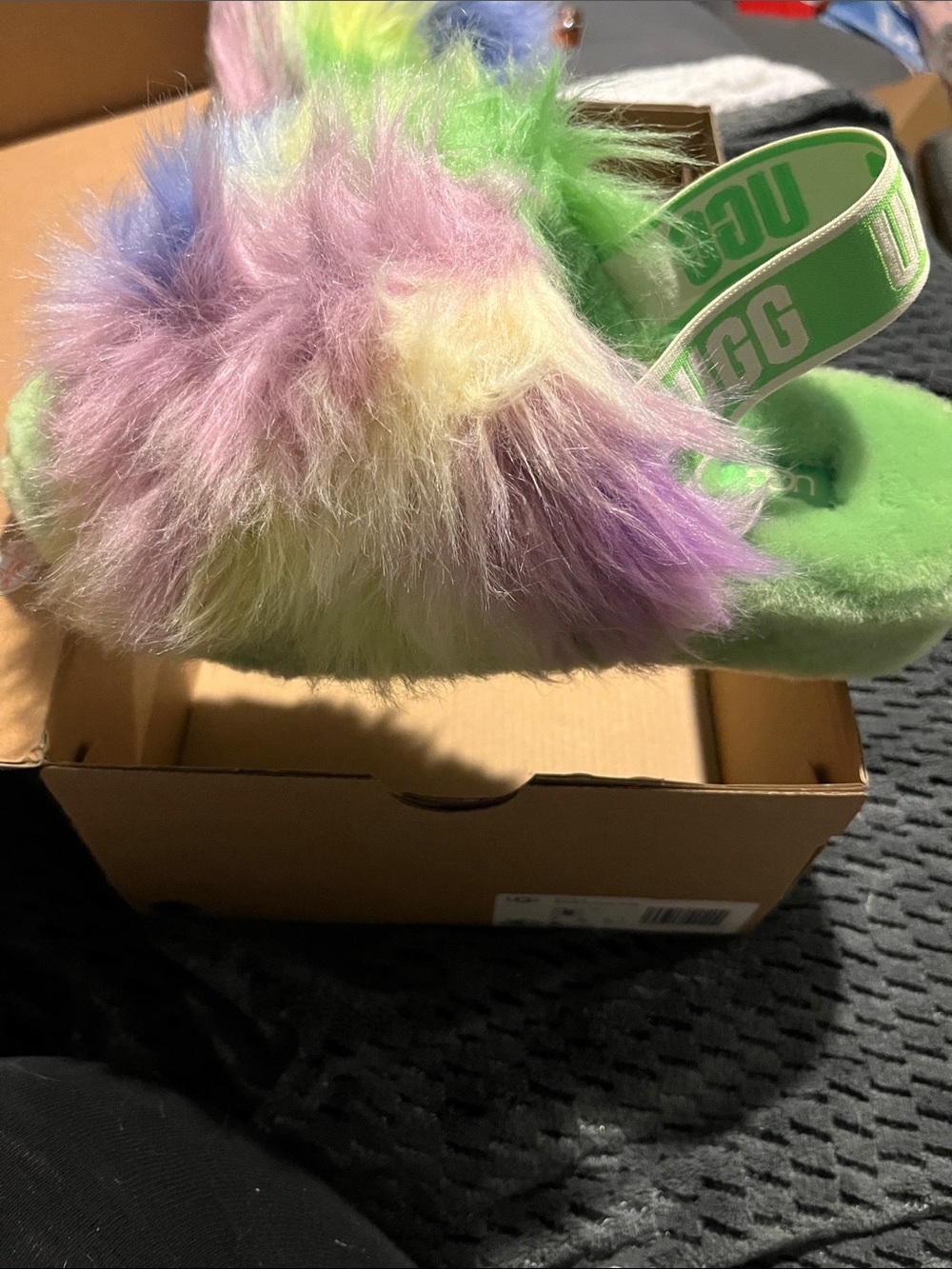UGG Kids Pastel Multicolor Fluff Slippers with Green Footbed